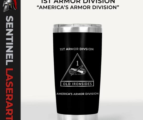 1st Armored Division Old Ironsides 20oz laser engraved travel mug — Matte Black — veteran gift military tumbler
