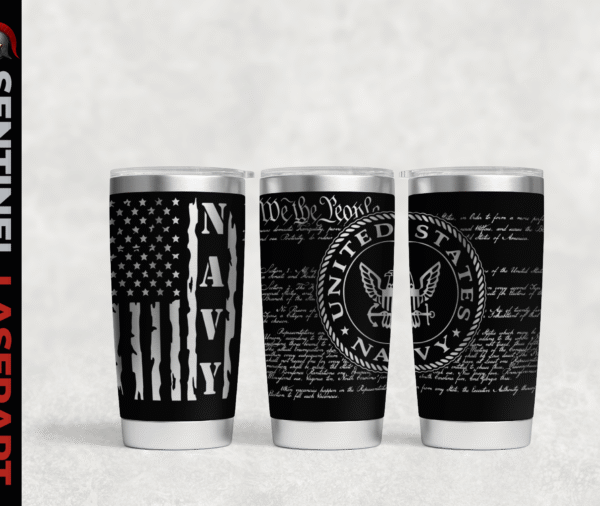 U.S. Coast Guard laser engraved 20oz tumbler in Navy blue — USCG racing stripe and seal, insulated stainless steel