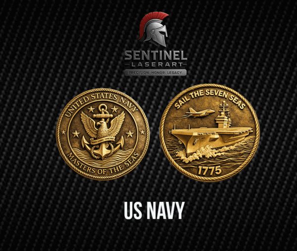 U.S. Navy challenge coin 50mm — laser engraved USN design, antique metal finish, Anchors Aweigh