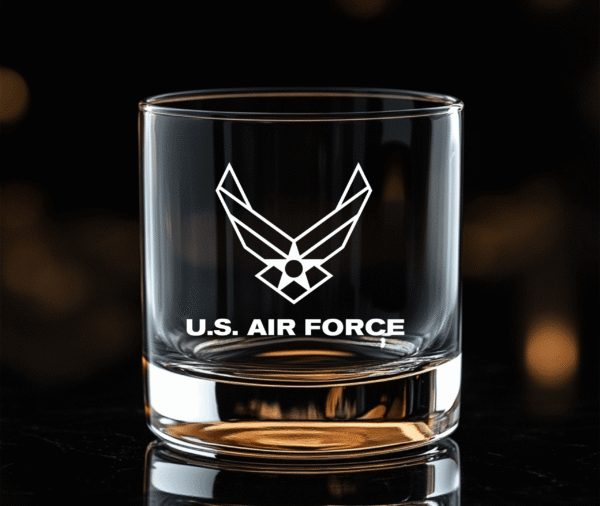 11oz Air Force whiskey rocks glass — laser engraved USAF seal — veteran and airman gift