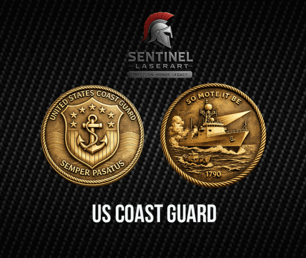 U.S. Coast Guard challenge coin 50mm — laser engraved USCG design, antique metal finish, Semper Paratus