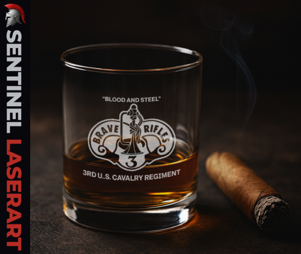US Army Regimental whiskey glass 3rd Cavalry Regiment laser engraved 13oz rocks glass — regimental crest, motto — Army veteran gift